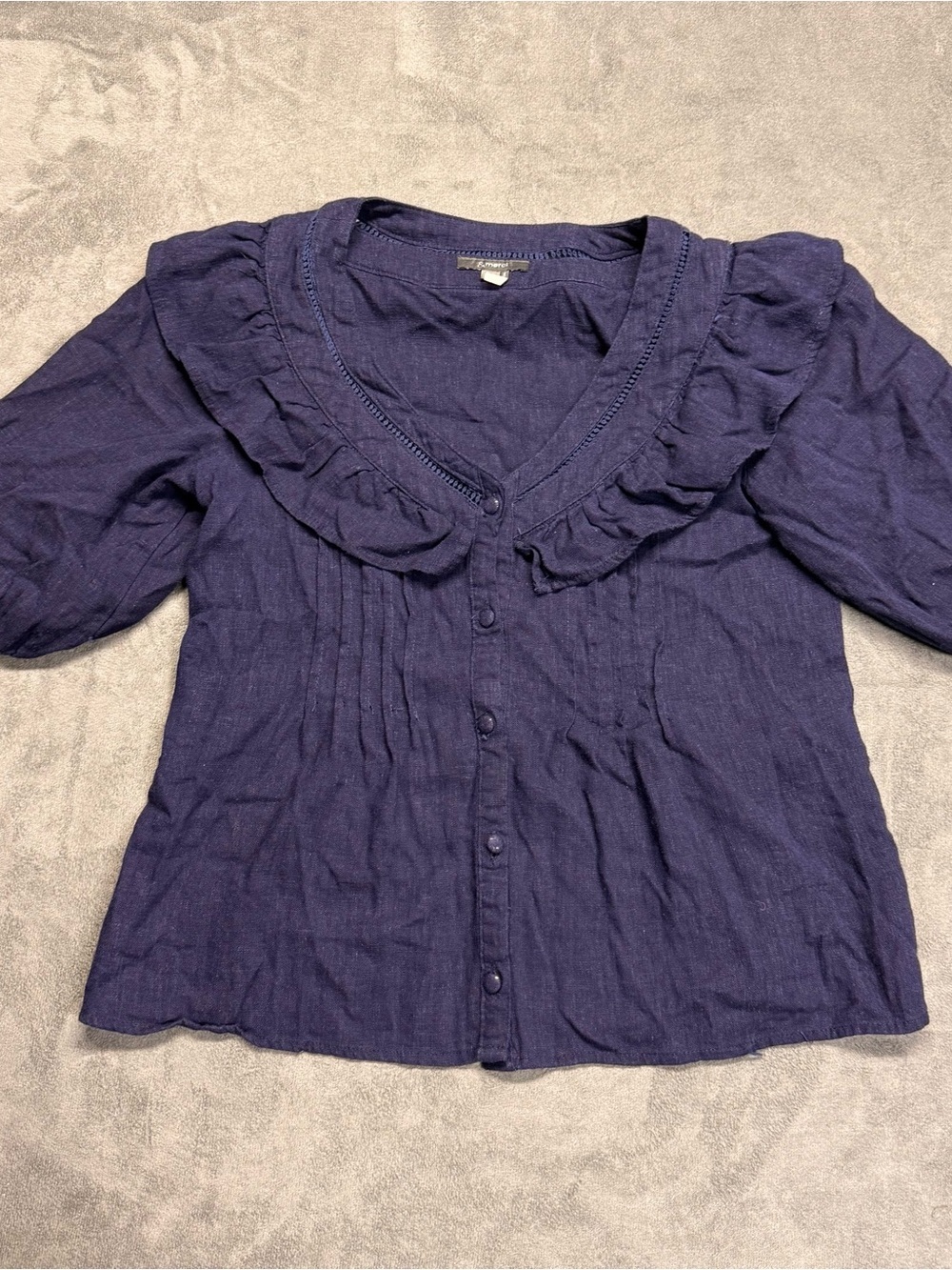 Women's Linen Bland Ruffled Navy Button-Down Blouse
